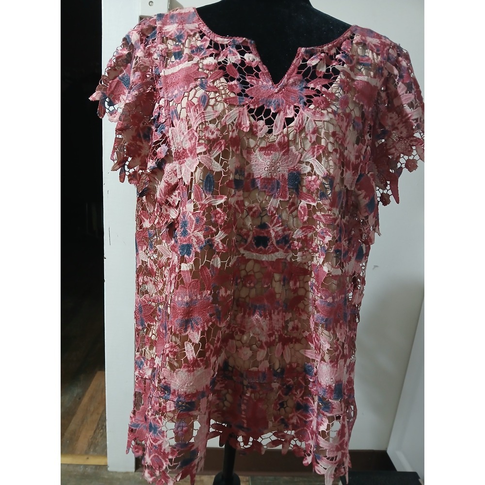 Soft Surroundings Pink Rose Crochet Floral Overlay Top